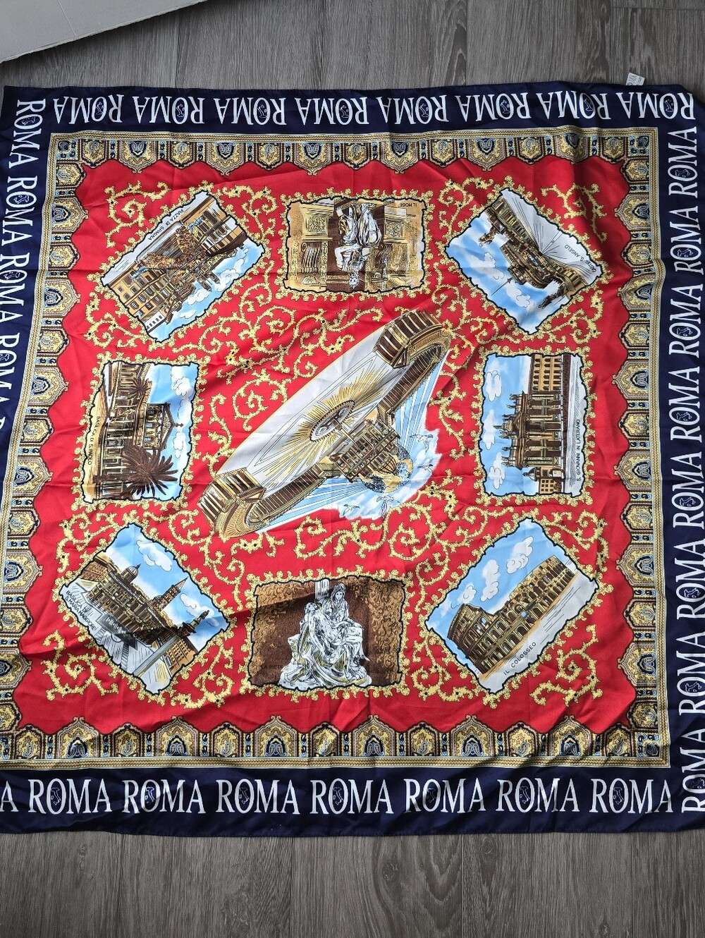 Vintage Roma Italy Souvenir Scarf Baroque Landmark Print Navy Red Gold 34 Square